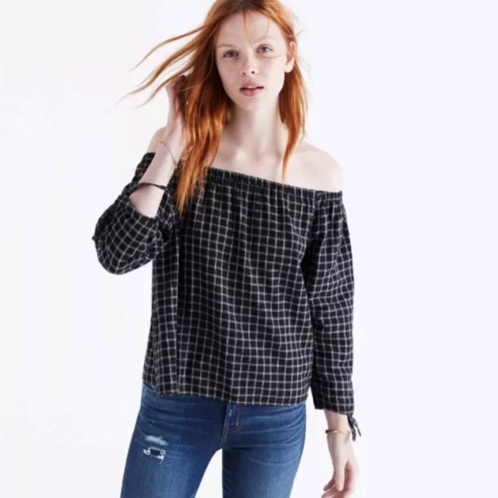 Madewell plaid off the shoulder windowpane checked shirt sz XS